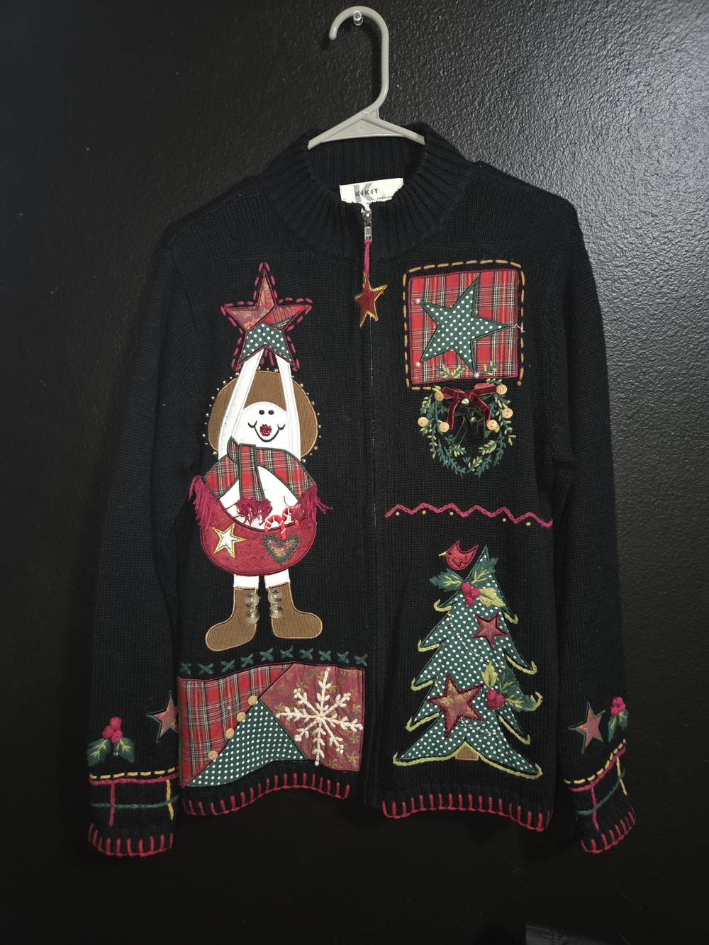 Vintage Kikit Black Holiday Zip Cardigan with Christmas Decorations Medium